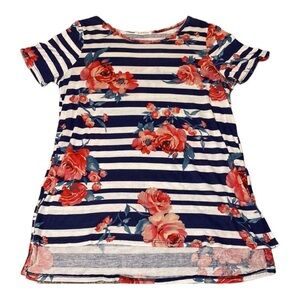 Viamor Navy Striped/Floral Shirt Sleeve High Low Top